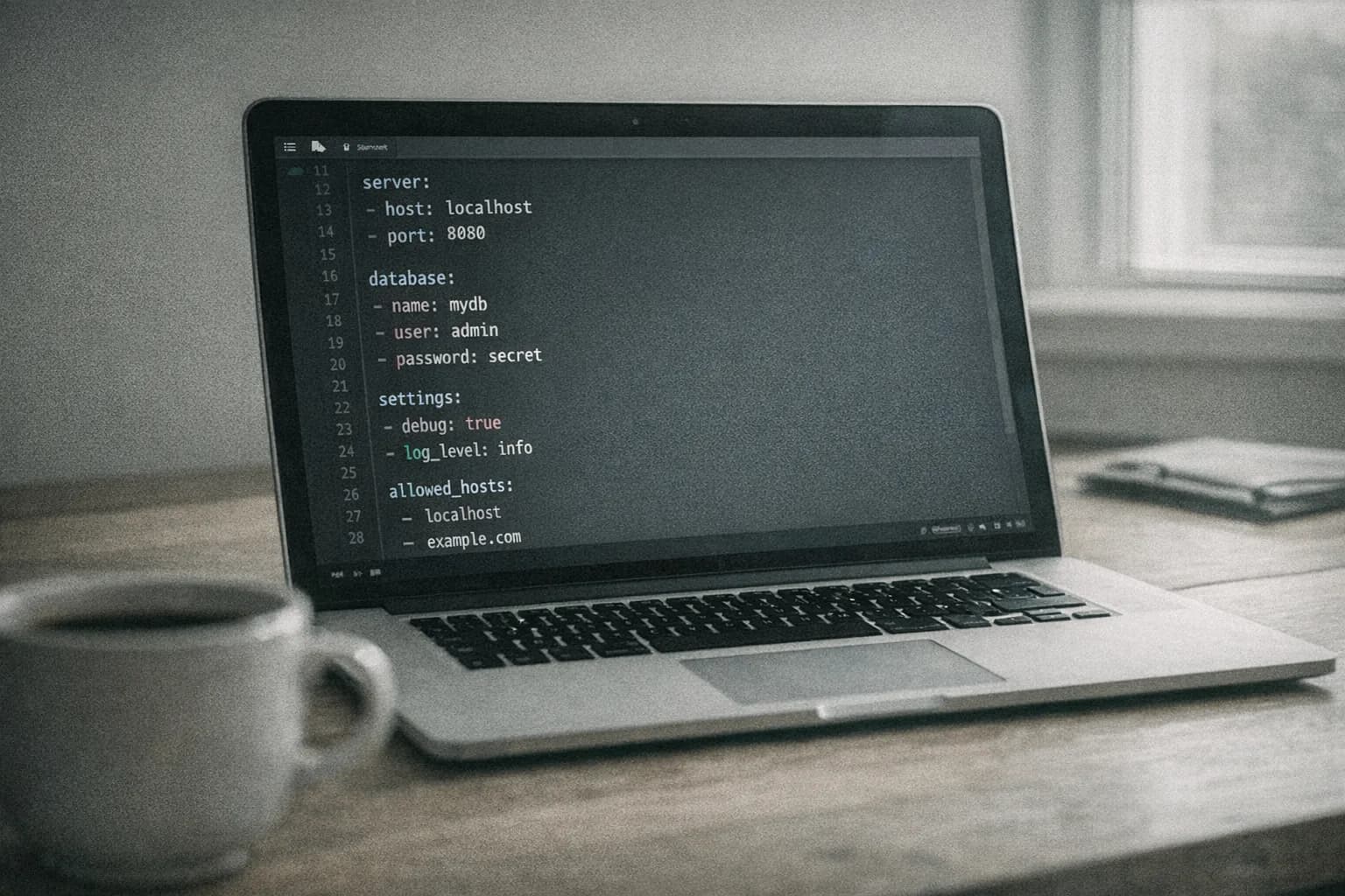 Laptop med kode-editor der viser agent-konfiguration